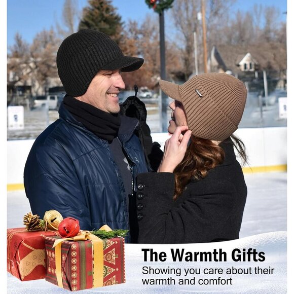 Men & Women Army Green Beanie with Brim and Ear Flaps Fleece-Lined Hat